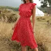 Joloo jolee ponto de verão impressão ruffles vestido vermelho manga borboleta casual uma linha chiffon vestido elegante cintura elástica midi sundress 210619