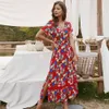 Boho Floral Print Long Dresses Women Split Short Sleeve Summer Casual Streetwear Yellow Maxi Female Vestidos 210517