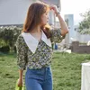 Vintage Szyfonowa Bluzka Rękaw Puff Kobiety Lato Koreański Kwiatowy Top Peter Pan Collar Koszula Moda Odzież 210427