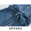 Moda donna chic con tasche per cintura Abito longuette in denim Colletto con risvolto vintage Abiti femminili a maniche corte Vestidos 210507