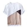 Ретро футболка пэчворк с коротким рукавом мужчины футболка мода повседневная уплотнительная шея 100% чистые льняные вершины сращивания тройник лето 210601