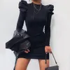 Herbst und Winter Neue Frauen Rundhals Puff Ärmel Einfarbig Schlank Sexy Kleid Casual Langarm Bodycon Kleider Femme 210320