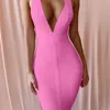 Haute qualité rose col en v dos nu moulante rayonne robe de pansement Sexy Club robe de soirée Vestidos 210325