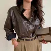 Autumn Winter Vintage PU Faux Leather Women's Blouse Solid Long Sleeve Tops Elegant Loose Shirts Office Lady 210428