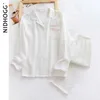 Couple's Cotton Crepe Double Layer Gauze Pajamas Men and Women Large Size Sleepwear Long Sleeve Solid Pyjamas Two Piece Set 210809