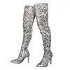 Handmade Women Large Size 35-47 High Heel Over Knee Boots Faux Snake Leather Pointed-Toe Thigh-High Booty Evening Club Fashion Silver Winter Shoes D745-4