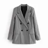Femmes élégantes blazer à carreaux à manches longues à double boutonnage mince manteau à carreaux bureau travail treillis costume veste d'extérieur 210520