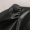 Faux Leather Dress Women Sexy Club Puff Short Sleeve Bodycon Party Vintage Pleated Tunic Black Mini Vestidos 210515