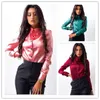 Vrouwen zijde satijn blouse knop revers lange mouw shirts dames kantoorwerk elegante vrouwelijke Top hoge kwaliteit blusa