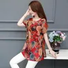 Sommar Middle Aaged Women Kortärmad Fashion Blouse Toppar Kvinna Blomma Tryck Lös elastisk Casual Milk Silk Shirt W56 Kvinnors Blusar SH