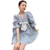 Women V-neck Puff Sleeve Sweet Bow Short Dress Large Size Loose Fit Lady Fashion Summer 2H140 210526
