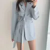 Autumn Women Blazer Coat Korean Casual Lace Up Waist Was Thin Double Pockets Loose Suit Jacket Outerwear Clothing Tops 210514