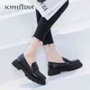 Sophitina platt kvinna glida på äkta läder runda tå grunt hög plattform med kvadratklack casual office lady shoe po1021 210513