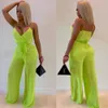 Sexy Neon Green Women Mesh Patchwork Solid Wide Leg Pants Jumpsuits Strap Long Playsuits Summer Fall Holiday Outfits 210517