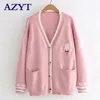 AZYT dessin animé broderie lapin tricot pull Cardigan coréen Chic lâche femme tricot col en V Cardigan veste femmes 210918