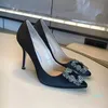 Designer- Pumps Women High Heel Shoes 8 10 12cm Spring Pointed Rhinestone Square Buckle Satin Women's Wedding Shoes