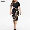 Verão formal Plus Size S-5XL Chain Impressão Bodycon Dress Mulheres Roupas de Manga Curta O Pescoço Slim Bow Belted Midi Vestidos Senhoras Y1006