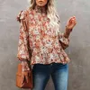 Floral Print Boho Autumn Winter Ruffle Blouse Tops Women Long Sleeve Turtleneck Red Office Ladies Casual Shirts 210427