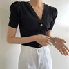 Summer Korean Knitted Pullover Sweater Women Short Sleeve V-neck Single Breasted Tops Solid Slim Elegant Fashion Ladies Jumpers 210513