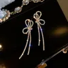 Korean Long Rhinestone Tassel Bow Earrings S 925 Sterling Silver Stud Earring Drop Earrings for Women Crystal Statement Ins Earrings Wedding Dangle Earring