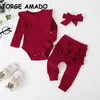 Atacado Primavera Bebê Pijamas 3-PCS Conjuntos Tricô Waftee mangas compridas Bodysuit + calças com roupas de cabeça E010 210610