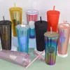 Logo Yıldızı Kişiselleştirilmiş Yanardöner Bling Rainbow ile Tumbler Samanlı Soğuk Constan Soğuk Kahve Kupası