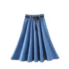 Taille haute Midi Jean Jupe Femmes Élégant Midi Denim Jupe plissée avec ceinture Style coréen Bureau d'été Dames Streetwear 210619