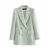 Elegante luz verde dupla breasted tweed mulheres blazer jaqueta vintage casaco longo casaco escritório senhora moda outwear 210521