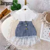 Jargazol Mode Kinder Kleidung Puff Sleeve Shirtlace Denim Rock Koreanische Sommer Kleine Mädchen Kleidung Set Nette Kinder Outfits 210326