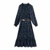 Streetwear Women Blue Snakeskin Print Dresses Fashion Ladies Sashes Klä Elegant Kvinna Chic O-Neck Long Vestidos 210427