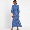 AACHOAEの女性の長い印刷ドレス3四半期のスリーブボヘミアンマキシのターンダウンカラーシャツvestidos Mujer 210623