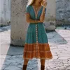 Primavera verão boho esteira floral cópia vestido longo cintura alta v-pescoço único-breasted férias midi mulher 210514