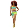 Match Tie Dye One Shoulder Crop Top And Skirts Sexy Two Piece Outfits For Women Sets Clothes Evening Party Club Wear 210525