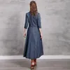 Johnature Kobiety Chiński Styl Haft Dresses Button Denim Slim Nieregularny Kobiet Jesień Ubrania Błękitne Roczniki Suknie 210521