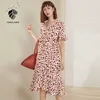 Fansilanen bloemen print chiffon lange wrap jurk vrouwen v-hals ruche elegante zomer boho rood sexy bandage strand es 210607