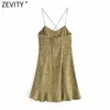 Zevity Women Sexy Leopard Print Hem Ruffles Sling Mini Klänning Kvinna Chic Side Zipper Vestidos Sommarstrand Klänningar DS8321 210603