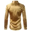 メンズゴールド光沢のあるサテンシルクのようなドレスシャツ滑らかなカジュアルダンスパーティー長袖のしわを無料でタキシードシャツメンズキシジー210522