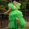 Färgglada 2021 Lush Green Tulle Prom Klänningar Ruffles Tiered Long Split Evening Gowns Party Klänning Till Födelsedag Plus Storlek