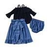 ファッション子供服セットブラックストラップトップ+デニムスカート+ PPショーツガール3ピースセット夏春の綿の子供女の子服セット210713