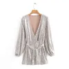 Silver sequin christmas dress women lantern long sleeve vintage party sexy v ncek sash button wrap glitter vestidos 210427