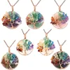 7 Chakra Healing Crystal Natural Round Gemstone Pendant Necklace Tree of Life Copper Wire Wrapped Reiki Jewelry for Women