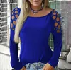 Kvinnor Blusar Höst Kvinna Svart Basic Shinny Fashion Casual Crew Neck Studded Hollow Out Långärmad T-shirt Tops