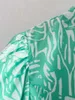 Streetwear femmes imprimer chemises mode dames Turquoise col montant hauts élégant femme Chic manches bouffantes Blouses 210527