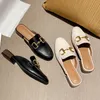 Retro Sling-Back Block Low Heels for Women Hanged Metal Genuine Leather Mules Shallow Working Casual Shoes Woman 0227