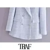 TRAF Femmes Mode Double Boutonnage Tweed Check Blazer Manteau Vintage Manches Longues Poches Femelle Survêtement Chic Veste 211104