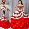 Unik röd och vit quinceanera klänningar med avtagbar kjol 2 i 1 broderi söt 15 klänning organza ruffles applique prom klänningar
