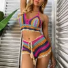 Crochet Bikini Sets Multi Color Knitted Rainbow Striped Off Shoulder Top + Bottom Beachwear Bathing Suit Women Swimsuit 210702