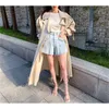 Summer High Waist Pockets Women Denim Shorts Buttons Fly Fringed Fashion Korean Solid Loose Female Femme 210513