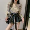 Women's Blouses & Shirts Sexy Snake Print Full Sleeve Women 2021 Spring Autumn Top Femme Shirt +Waist Sealing Set Cute Fashion Blousees Crop