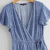 Casual kvinna blå v nacke ruffles lacing bomullsklänning sommar mode damer mjuk mini es kvinnlig chic a-line 210515